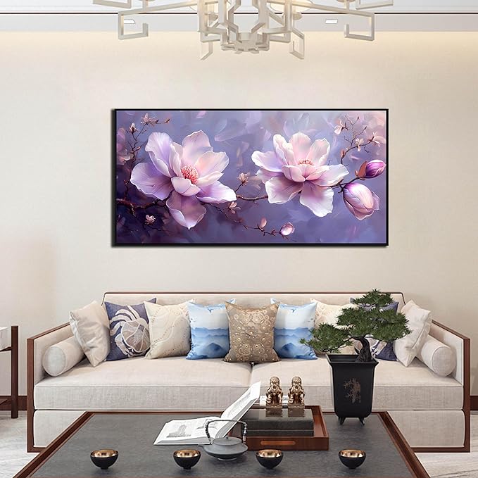 ANCXWOTER Modern Canvas Wall Art, 24x48, Purple Flower Botanical, Framed, Waterproof, Perfect for Living Room, Bedroom, Office, Bathroom