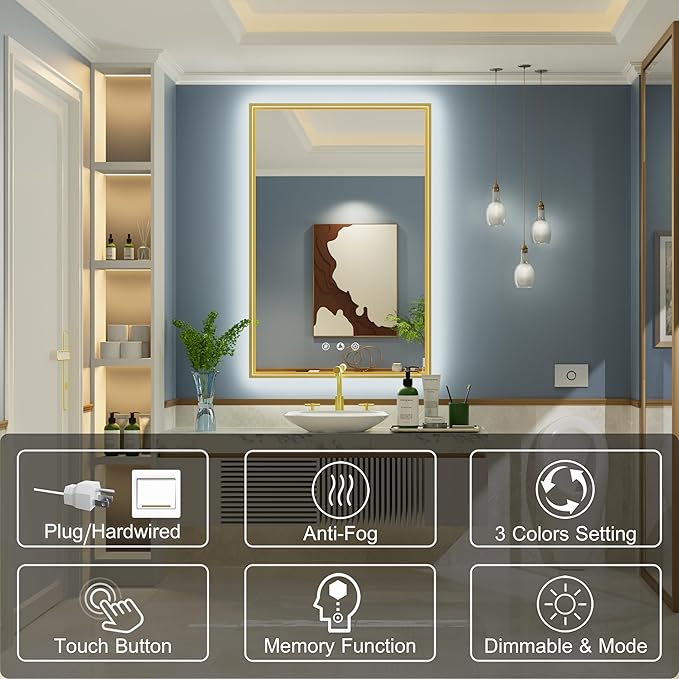 24x36 Inch Gold LED Bathroom Mirror with Front and Back Lighting, 3 Color Temp, Dimmable, Anti-Fog, Aluminum Frame Wall Mounted Lighted Bathroom Vanity Mirror
