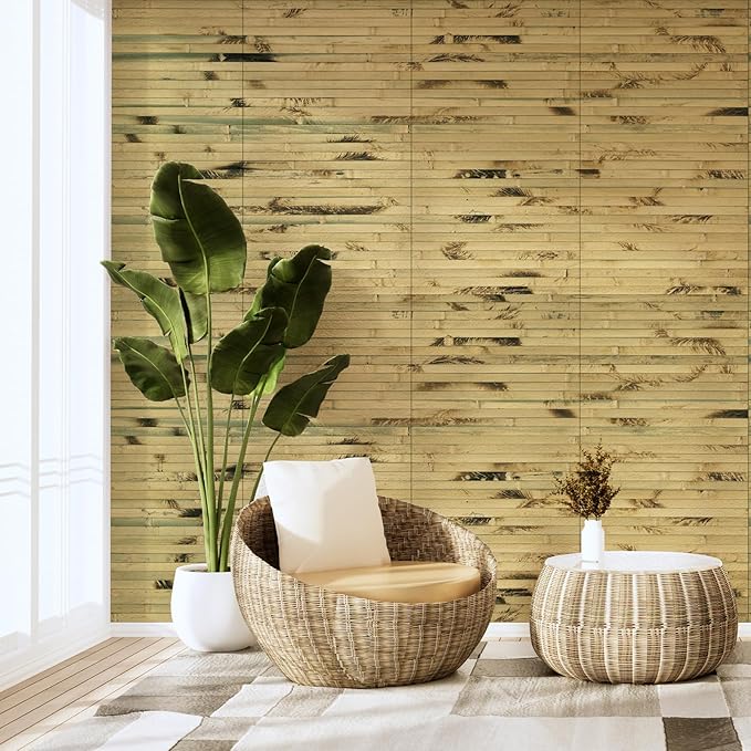 Art3d Natural Bamboo Wall Panel for Interior Wall Decor, Renewable Pole Wrap Wainscoting Paneling for Wall Ceiling Furniture Cabinet Office, 12 x 96 Inch - Light Burned