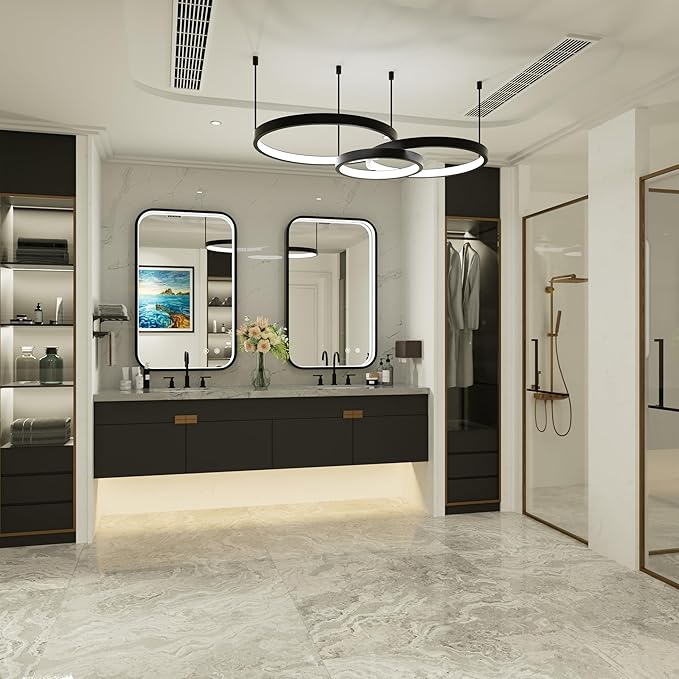 24x36 Inch LED Bathroom Mirror with Lights, Adjustable 3000K/4500K/6000K, Wall Mounted Black Lighted Bathroom Vanity Mirror, Stepless Dimmable, Anti-Fog, Memory Function