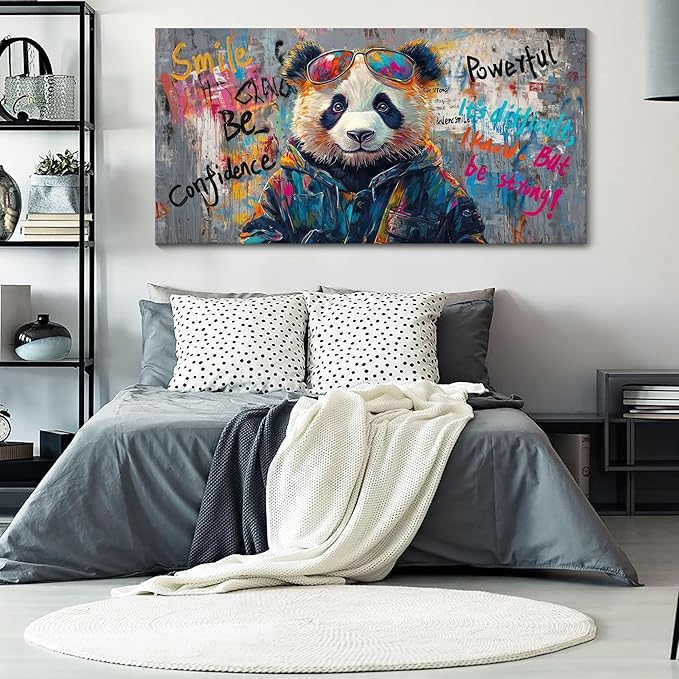 JEAWA Large Canvas Wall Art, Funny Panda Abstract Graffiti Street Art Pop Wall Picture Black and White Paintings Ready to Hang Living Room Bedroom Study Home Office Inspirational Decor 29x58 IN