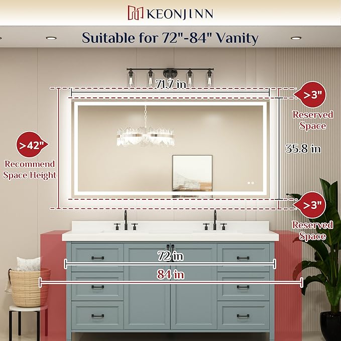 Keonjinn 72" x 36" Lighted Mirror for Bathroom Wall, LED Mirror with Frontlit & Backlit, Large Bathroom Mirror with Lights, Dimmable 3-Color Lights, HD Tempered Glass, UL-Listed LED Driver