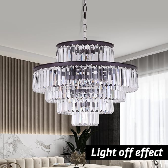 24" Oil Brown Crystal Chandelier, Modern 5-Tier Ceiling Light with Clear Crystal Prisms, Luxury Pendant Lighting for Dining Room Entryway