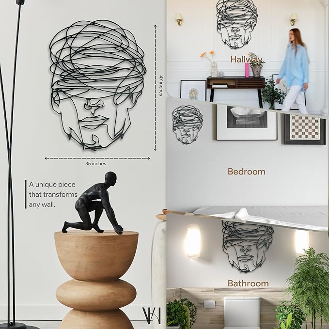 Overthinking Man Metal Wall Decor, Abstract Geometric Face Sculpture, Modern Line Art for Living Room, Office, Bedroom, and Contemporary Home Decor , Unique, Thought-Provoking Artwork for Minimalist Interiors (47 x 35 inches)