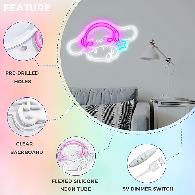 CinnamoRoll Neon Sign Anime Neon Sign for Wall Decor Janpanese Neon Light for Bedroom Wall Decor Game Room Decor Livingroom Decor for Kids, Personalized Gifts for Girls