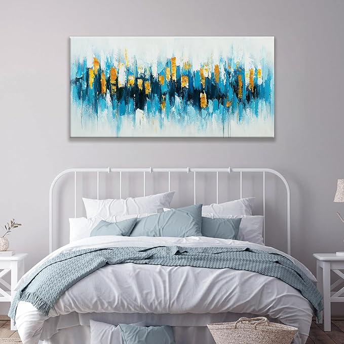 Blue Abstract Wall Art Living Room Abstract Painting Wall Decor Modern 24"X 48" Canvas Art Wall Decor Blue Gold Wall Art Canvas Prints Artwork Pictures For Bedroom Kitchen Artwork