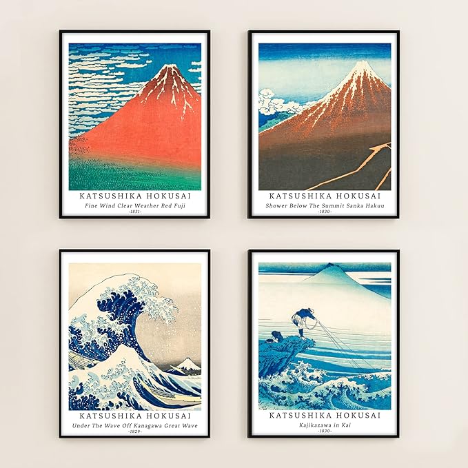 Berkin Arts Wall Art Unframed Prints Giclee Art Paper Set of 4, 8x10 inch Japanese Ukiyo-e Artwork, Home Decoration The Great Wave off Kanagawa Mount Fuji Nature Landscape Katsushika Hokusai Painting
