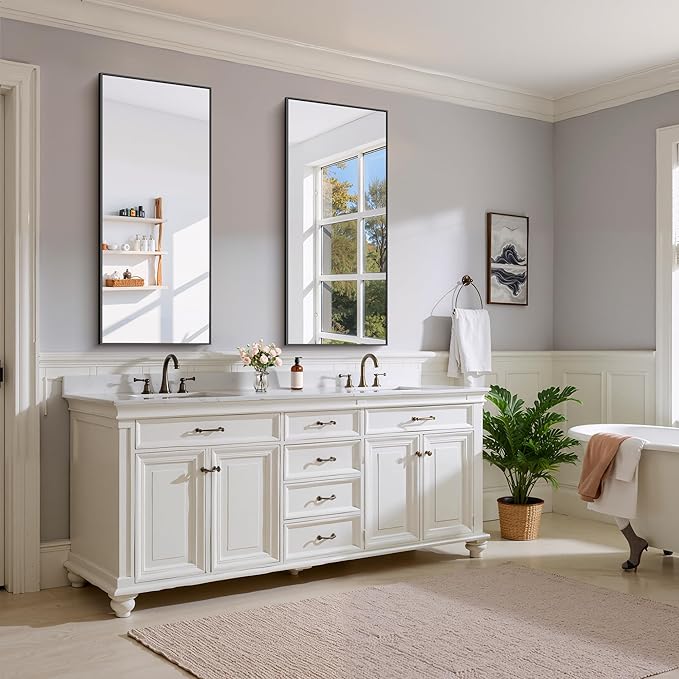 Black Bathroom Mirror for Wall, 20x48 Inch Rectangle with Metal Frame, Modern Vanity for Bathroom Living Room, Entryway Hangs Horizontal or Vertical