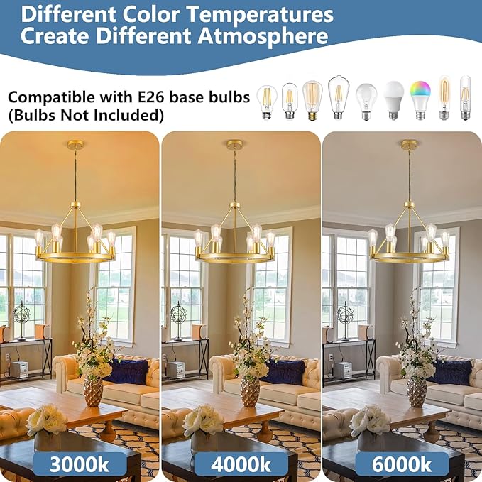 9MMML Gold Wagon Wheel Chandelier, 6-Light Industrial Pendant Light, 20'' Farmhouse Ceiling Hanging Chandelier Light Fixture for Living Room, Bedroom, Entryway, Foyer