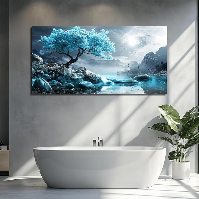 KELIYUAN Canvas Wall Art For Living Room Bedroom Wall Decor Black And White Landscape Pictures Blue Tree Wall Painting Modern Home Decoration For Room Office Works Framed Canvas Art Prints 20x40in