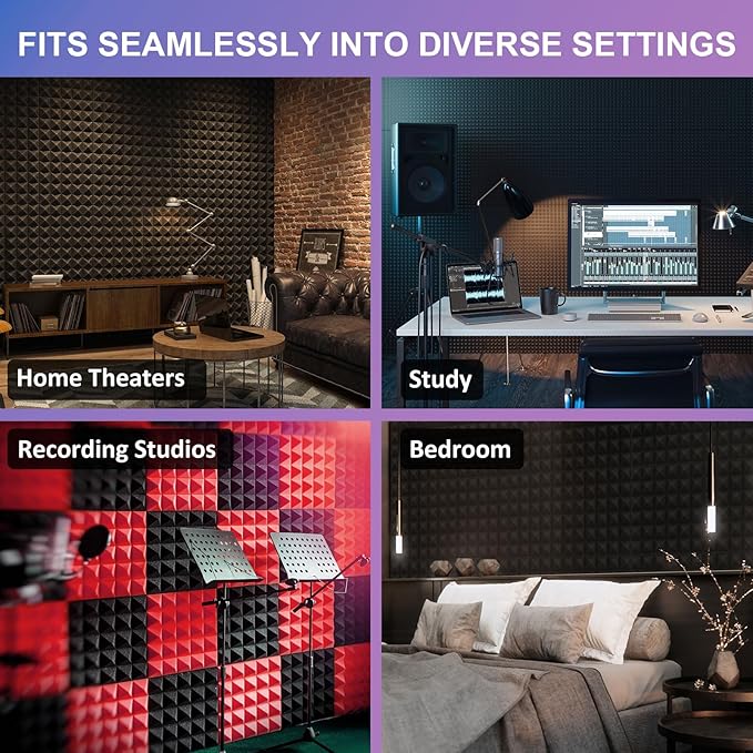 JBER Acoustic Sound Foam Panels, 6 Pack 2" X 12" X 12" Charcoal Soundproofing Treatment Studio Wall Padding Sound Absorbing Fireproof Pyramid Black Wall Panel…