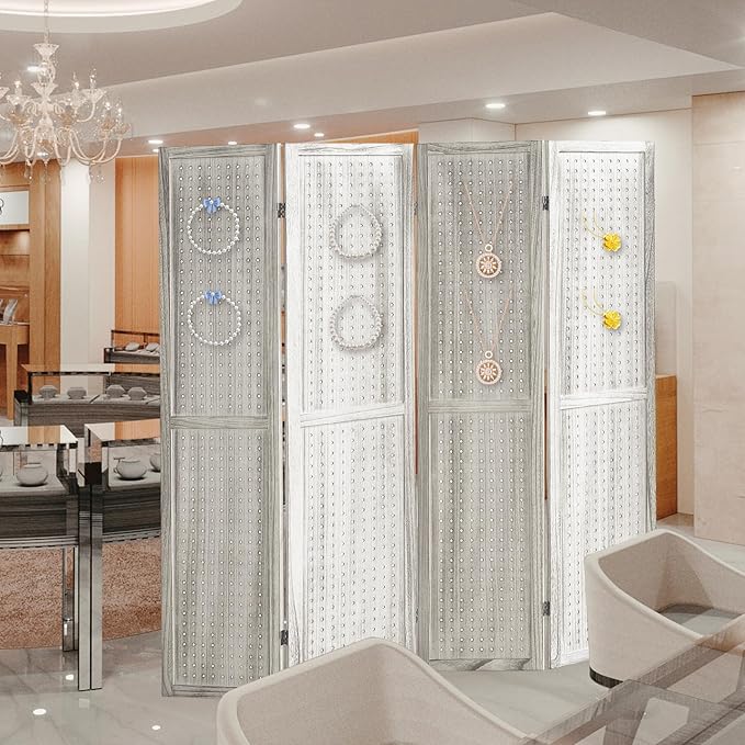 4 Panel Pegboard Display with 16 Hooks, Wooden Room Divider Wall and Folding Privacy Screens, Partition Room dividers, Pegboard Room Divider, Jewelry Store, Retail Store, Bedroom, White