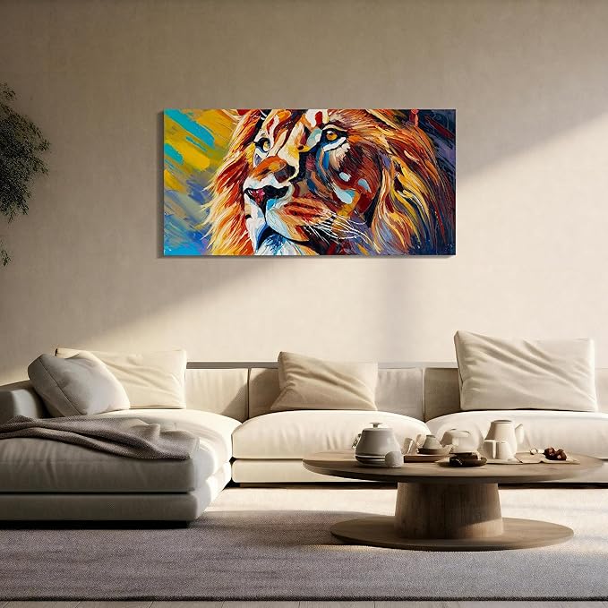 AmoyArt Lion Canvas Wall Art for Living Room, Animal Wall-Decor for Bedroom, Colorful Print Picture for Home, Size 48x24 Inches