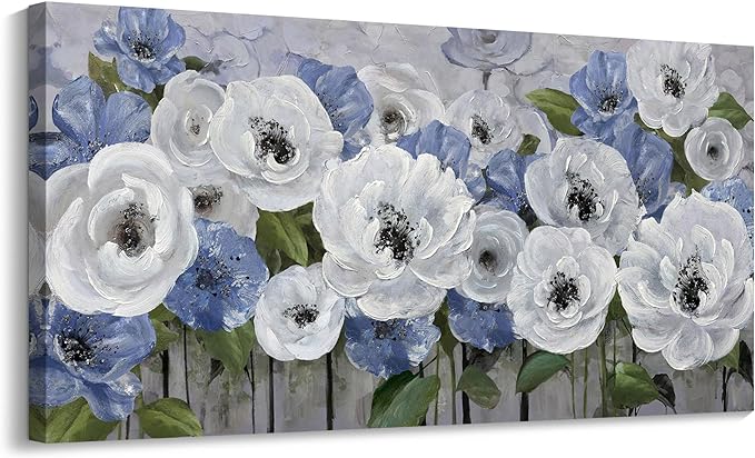 Mofutinpo Large Canvas Wall Art for Living Room, Blue and White Textured Floral Wall Art, Flower Wall Pictures and Paintings, Nature and Landscape Artwork, Bedroom Wall Decor