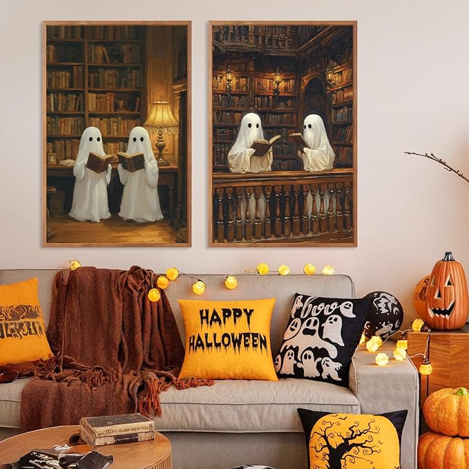 LHIUEM 16”X24”X3-Large Halloween Ghost Framed Wall Art Funny Ghosts Canvas Wall Decor Halloween Gothic Spooky Inspired Cute Ghosts Framed Pictures Vintage Creepy Ghost Artworks for Library Home Office