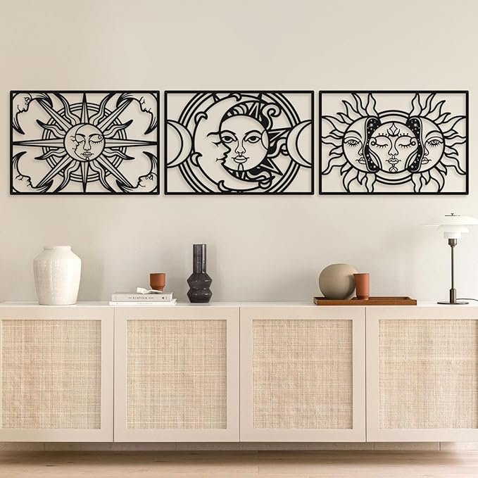 Bakovity Black Metal Wall Decor, Black Abstract Wall Art, Moon Line Art Décor, 3D Sculptures, Large Bohemian Aesthetic Black and White Wall Art for Bedroom Bathroom Living Room (3 Pcs, 17 x 12 in)
