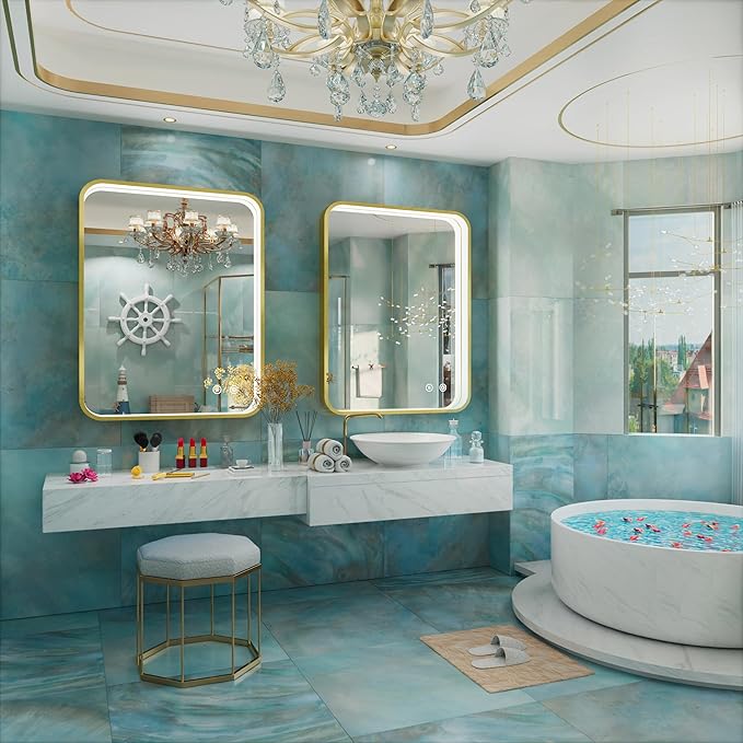 28x36 Inch Gold LED Bathroom Mirror with Lights, Wall Mounted Framed Lighted Bathroom Vanity Mirror, Stepless Dimmable, Memory Funtion, Anti-Fog, Horizontal/Vertical