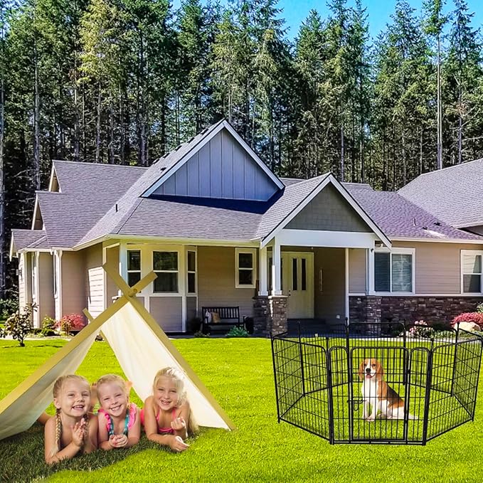 ADAVIN Dog Playpen Outdoor, 24in(H) x 9.8Ft(L) 4 Panels Animal Fence for Yard, Low Threshold Gate,Black Metal Garden Fencing, Temporary Fence for Puppy and Small Dogs, Dog Play Pen for RV Camping