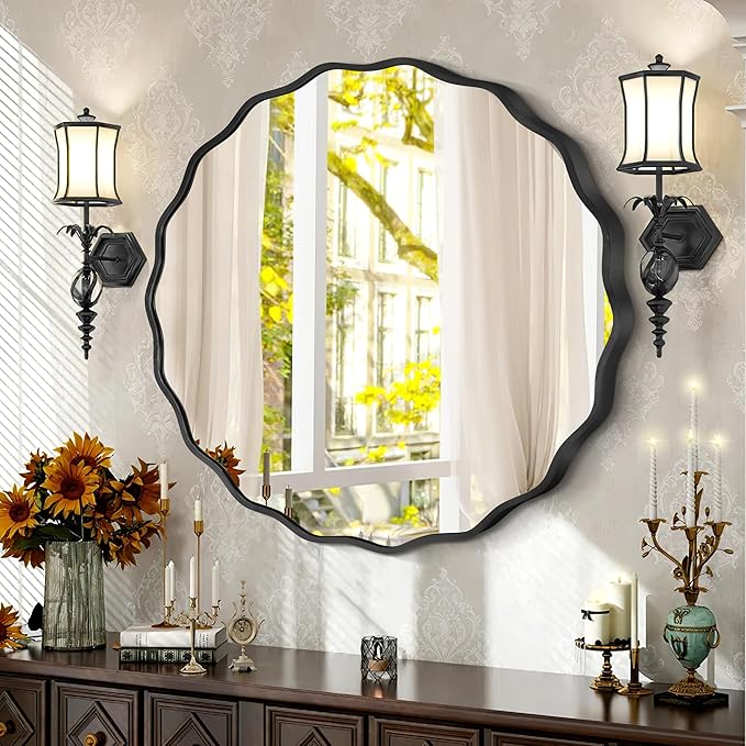 Black Round Mirror for Wall, 24"x24" Decorative Wavy Bathroom Mirror with Brushed Alloy Steel Frame & Shatter-Proof Glass, Hanging Circle Wall Mirrors for Bathroom, Entryway, Bedroom