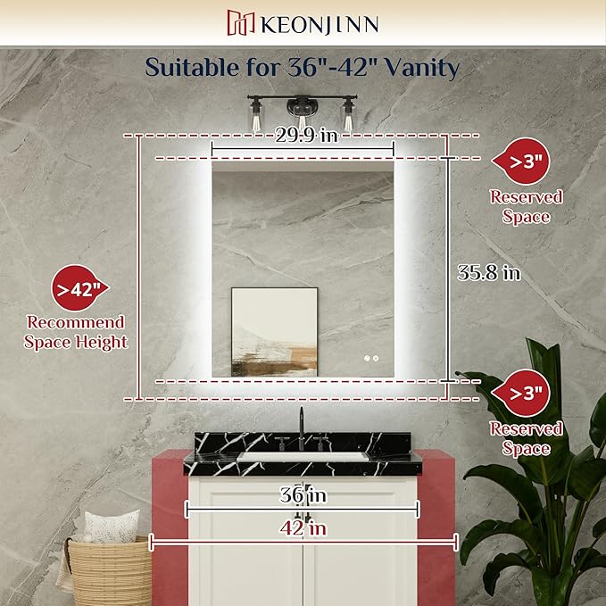 Keonjinn 30 x 36 Inch LED Mirror for Bathroom, Backlit Vanity Mirrors with Dimmable 3-Color Lights, Warm/Natural/White, High Lumen, Anti-Fog, Shatterproof Tempered Glass, CR90+(Vertical/Horizontal)