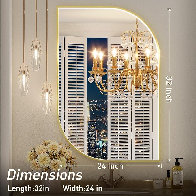 24X32 Inch LED Mirror for Bathroom with Lights,Gold Frame Lighted Irregular Asymmetrical Vanity Wall Mirror,Anti-Fog,Dimmable