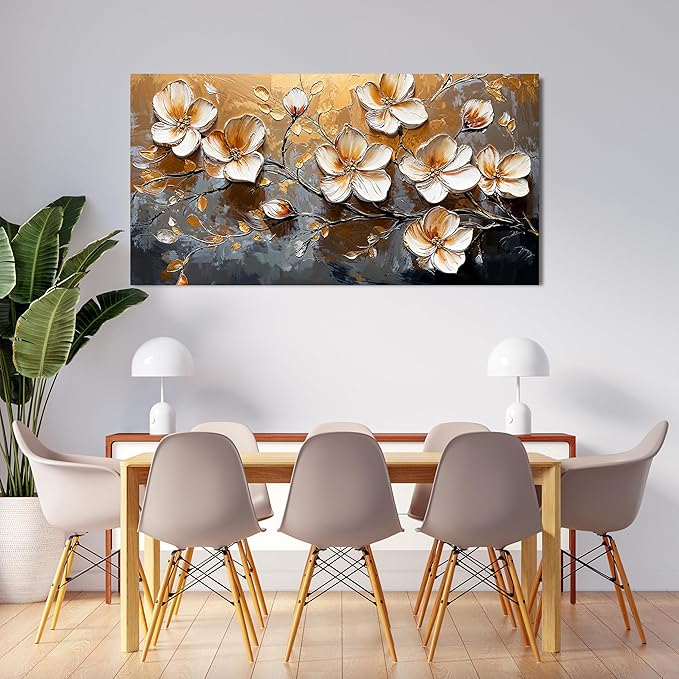 Canvas Wall Art Decor Wall Art Pictures for Living Room Vintage Floral Wall Art Decor White Gold Wall Art Prints Large Artwork for Walls Canvas Art Wall Decor for Bedroom Office Wall Decor 20" X 40"