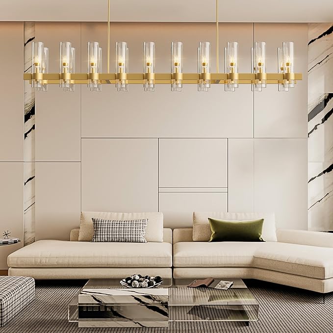 Brass Rectangle Kitchen Island Lights, Farmhouse Linear Rectangular Chandelier with Glass Shades, 20 Lights Gold Lighting Fixtures Industrial Pendant Light for Dining Room Over Table
