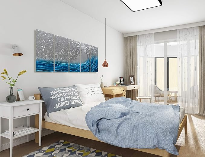 BATRENDY ARTS Handmade Silver and Blue Waves Metal Wall Art 3D Decorative Hanging Artwork Large Home Decor in Ocean Design for Office Living Room Decoration