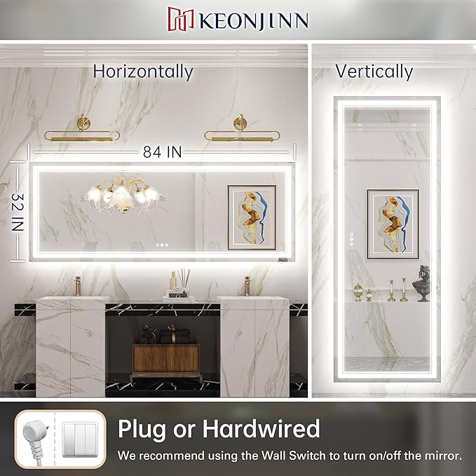Keonjinn LED Bathroom Mirror 84" x 32" with Frontlit and Back Light, Large Tempered Glass Stepless 3 Colors Temperature & Dimmable Wall Mirror, UL Listed LED Driver, Double LED Strips, Anti-Fog Mirror