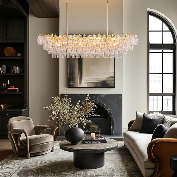 Modern Gold Rectangular Chandeliers for Dining Room, 14-Light 4 Tiered Crystal Brass Chandelier Over Dining Table, Glass Crystal Chandeliers for Kitchen Island, Long Chandelier for Living Room