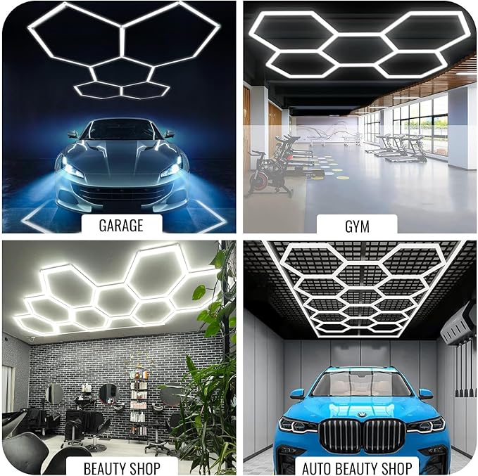 LEDMyplace 5 Hexagon Garage Light Higher Brightness 18720 Lumnes 144W Hexagon Led Garage Light with Rectangle Frame 6500K for Garage, Basement, Warehouse, Auto Beauty Shop, Car Detailing Shop