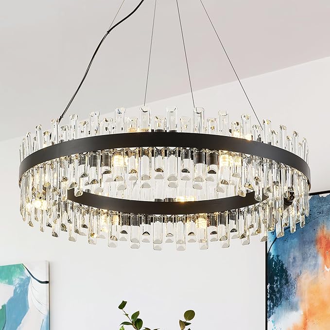31.9" Black Modern Crystal Chandelier Light Fixtures Luxury 2 Ring Crystal Chandeliers for Dining Room 16-Light Round Hanging Pendant Lighting for Living Room Kitchen Island Entryway Bedroom