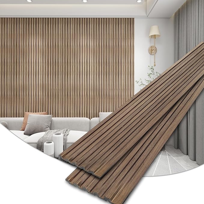 KASARO 3D Faux Wood Wall Panels - 16 Pack (47.2"x4.8") Fluted Slat Paneling for Walls & Ceilings, Adhesive or Nail Install, Waterproof Textured Decor - Living Room, Bedroom, Walnut
