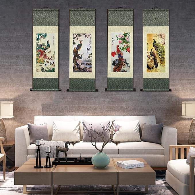 AtfArt 4 Pack Asian Wall Decor - Beautiful Silk Scroll Painting Birds - Phoenix Oriental Decor Chinese Art Wall Scroll Wall Hanging Painting (36.2 x 12 in)