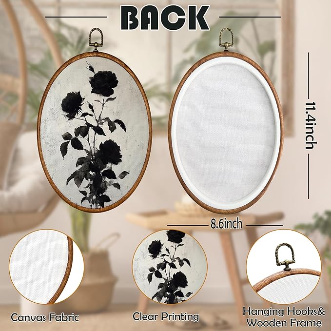 BCUANGD Vintage Flower Oval Wall Art Decor - Rustic Retro Floral Botanical Wall Art Canvas Frame Artwork Prints, Black Mid Century Modern Round Wall Hanging Decorations for Home Gallery, 8.6"x11.4"