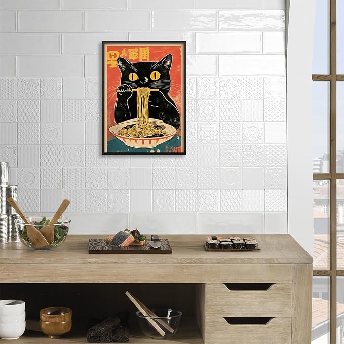 Black Framed Canvas Wall Art Posters Vintage Funny Black Cat Eating Ramen Unique Kitchen Decor Artwork Japanese Prints for dining Room Bedroom or Living Room Decoration 20x28 inch