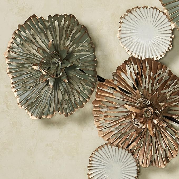 Brennan Metal Wall Art Sculpture | Dimensional Designs | Shades of Green, Dark Brown, White and Gold | Flower Collage Decor for Bedroom, Living Room, Hallway