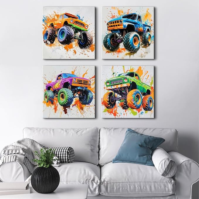 Monster Truck Canvas Wall Art Cool Watercolor Car Posters for Boys Room Modern Graffiti Truck Pictures Wall Decor Off-Road Vehicles Artwork Nursery Toddler Bathroom Bedroom Home Decoration 20x20" 4pcs
