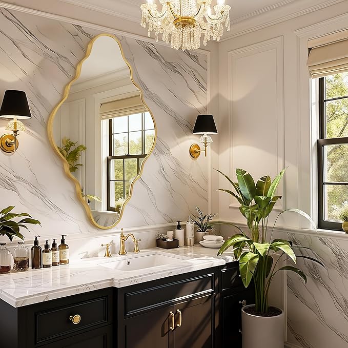 Vintage Scalloped Mirror for Bathroom, 20"x36"Gold Bathroom Mirror for Wall with Brushed Alloy Steel Frame&Shatter-Proof Glass, Decorative Antique Wall Mirrors,Entryway Fireplace Bedroom(X1)