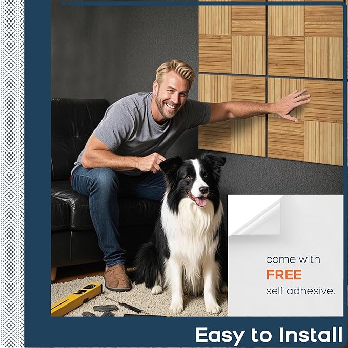 BUBOS Large Acoustic Panels,6 Pack Wood-Pattern Printing Soundproof Wall Panels, Total Size 70.8 x 47.2 Inches Self-Adhesive Decorative Sound Absorbing Panels for Studio, Home,Natural Grain Weave