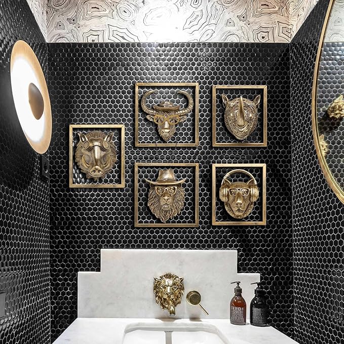 JJALIGHTS Exquisite Resin Animal Head Wall Sculpture (Gift Metal Frame) - Imitation Copper Vintage Decor for Living Room, Bedroom & Office | Decorative Wall Hanging Art (Lion)