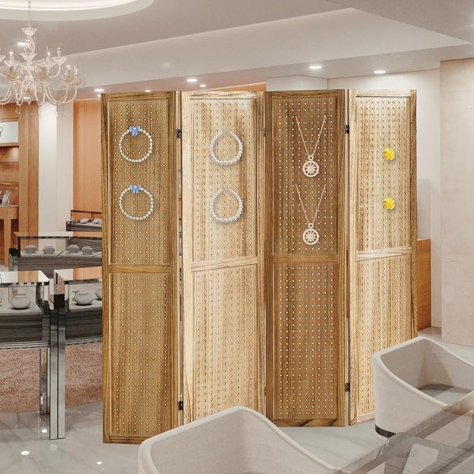 4 Panel Pegboard Display with 16 Hooks, Wooden Room Divider Wall and Folding Privacy Screens, Partition Room dividers, Pegboard Room Divider, Jewelry Store, Bedroom, Balcony, Light Brown