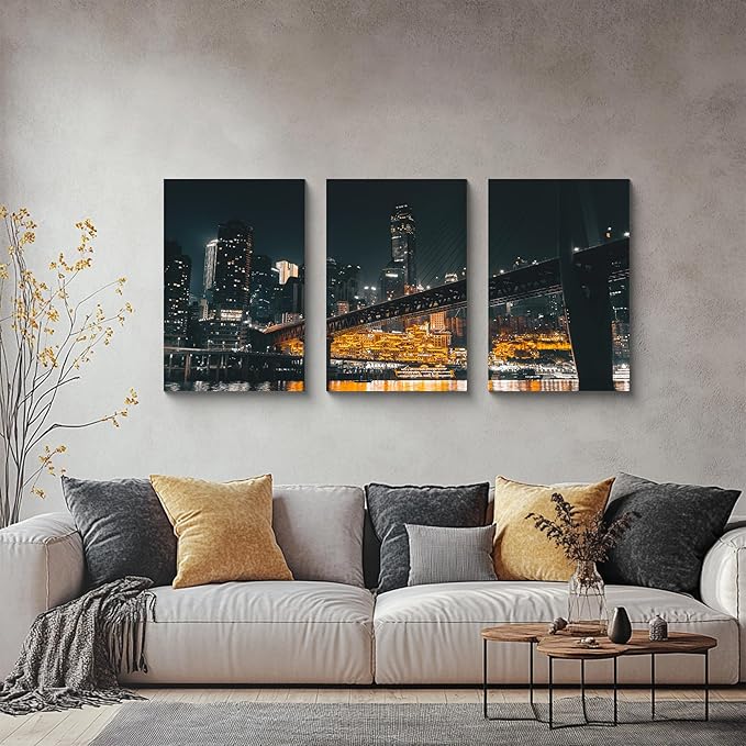 NAN Wind 3PCS Chongqing City Nightscape Canvas Wall Art Illuminated Chinese Skyline with Bridge Skyscrapers Modern Urban Landscape Photography Print for Living Room Office Bedroom Decor