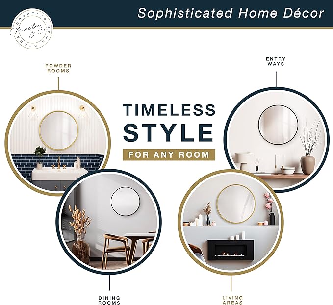 MCS Master & Co. 37.75in Round Metal Brass Mirror, Modern Wall Hanging Large Mirror for Bathroom, Bedroom & Livingroom