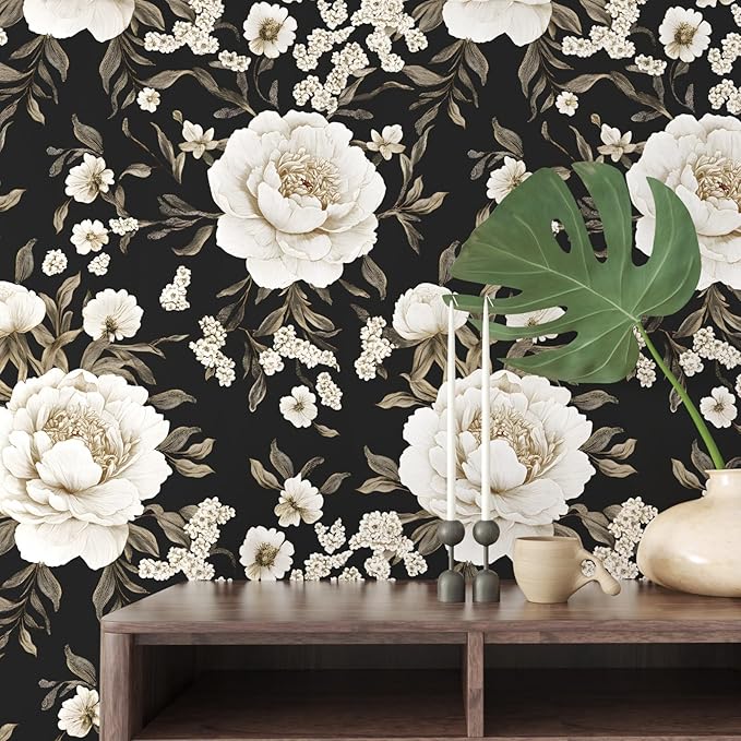Boho Wallpaper Peel and Stick Dark Floral Wallpaper for Cabinet 17.5in x118in Vintage Contact Paper Waterproof Self Adhesive Modern Flowers Leaf Wall Paper for Room Walls Bathroom Decor