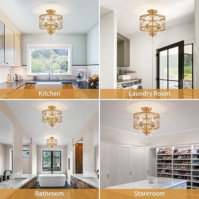 Crystal Ceiling Light Fixture, Modern Small Chandelier Light Fixture, Farmhouse Gold Semi Flush Mount Ceiling Light, Round Hallway Lighting Fixtures for Bedroom Entryway Closet Dining Room Living Room
