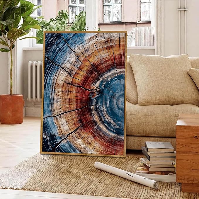 BingruiArt Large Framed Tree Ring Wall Art Wood Canvas Colorful Boho Wall Decor Rustic Artwork Abstract Painting Farmhouse Picture Nature Print for Living Room Bedroom Bathroom 24"x36" Natural Framed(01)