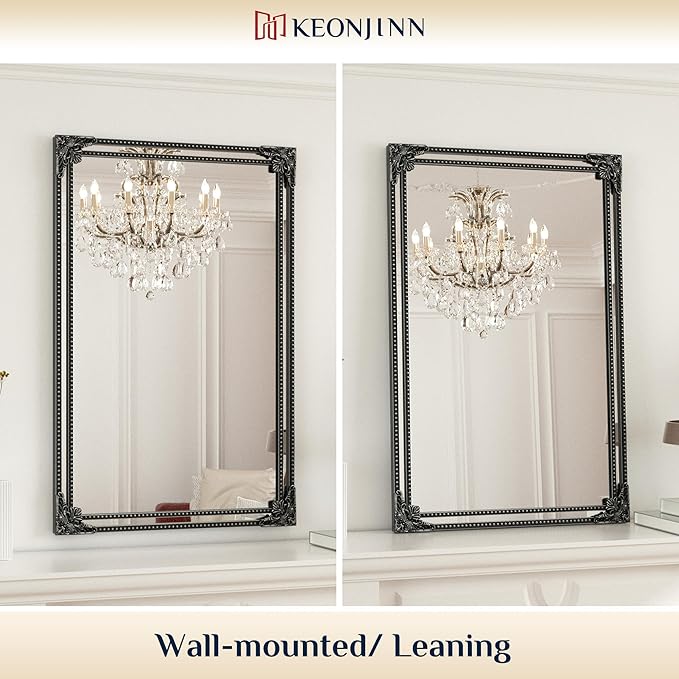 Keonjin Black Vintage Mirror 24 x 36 Inch, Antique Mirrors Rectangle, Traditional Mantel Decoration, Baroque Style Wall Decor for Hallway, Fireplace, Entryway, Living Room, Anti-Rust, Waterproof