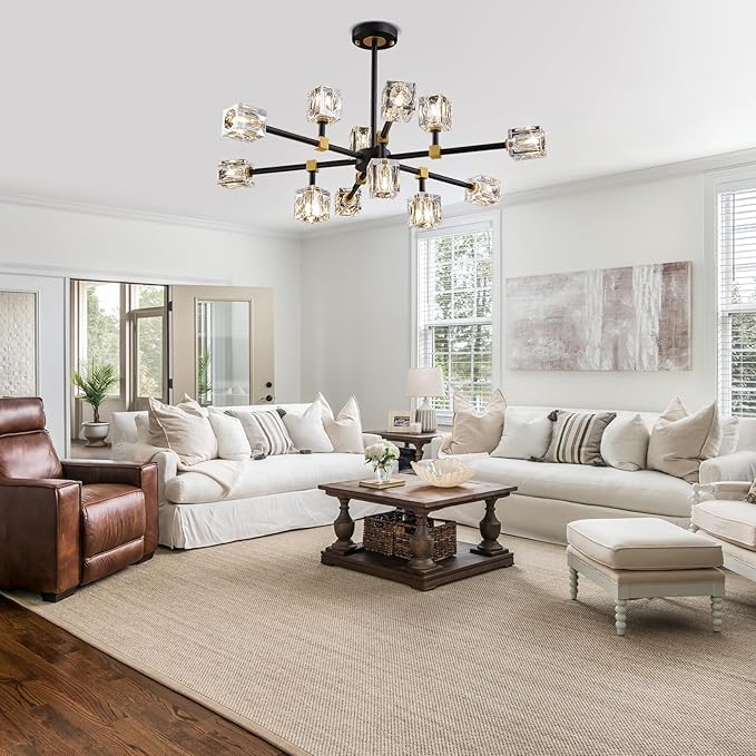 Black Crsytal Chandelier,Sputnik Chandeliers with 12-Lights,Modern Adjustable Height Semi Flush Mount Ceiling Light Fixture for Dining Room,Kitchen Island,Living Room,Bedroom