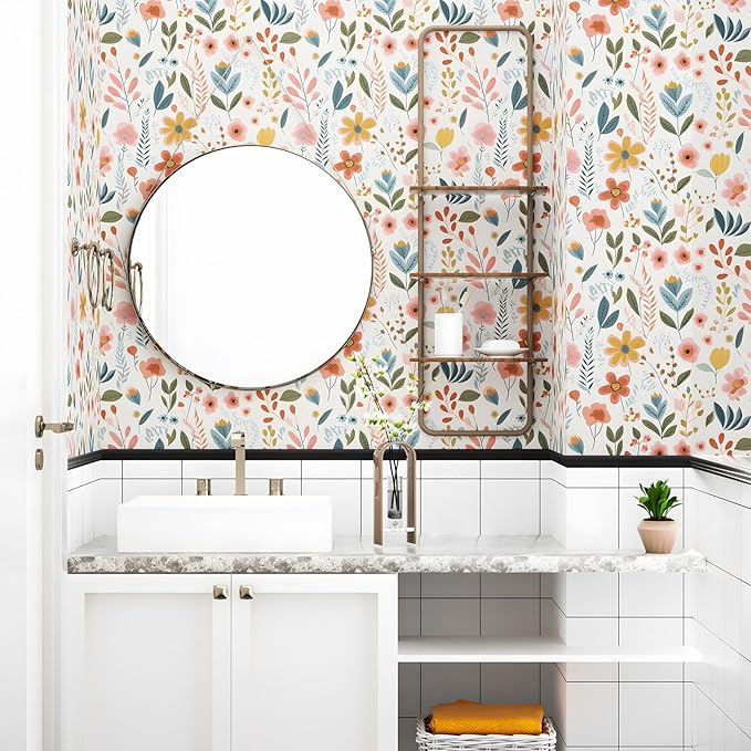 Colorful Floral Peel and Stick Wallpaper Leaf Vintage Contact Paper Cute White Floral Wall Paper Removable Wallpaper Self Adhesive for Cabinet Drawers Wall Decor 17.5''x393''